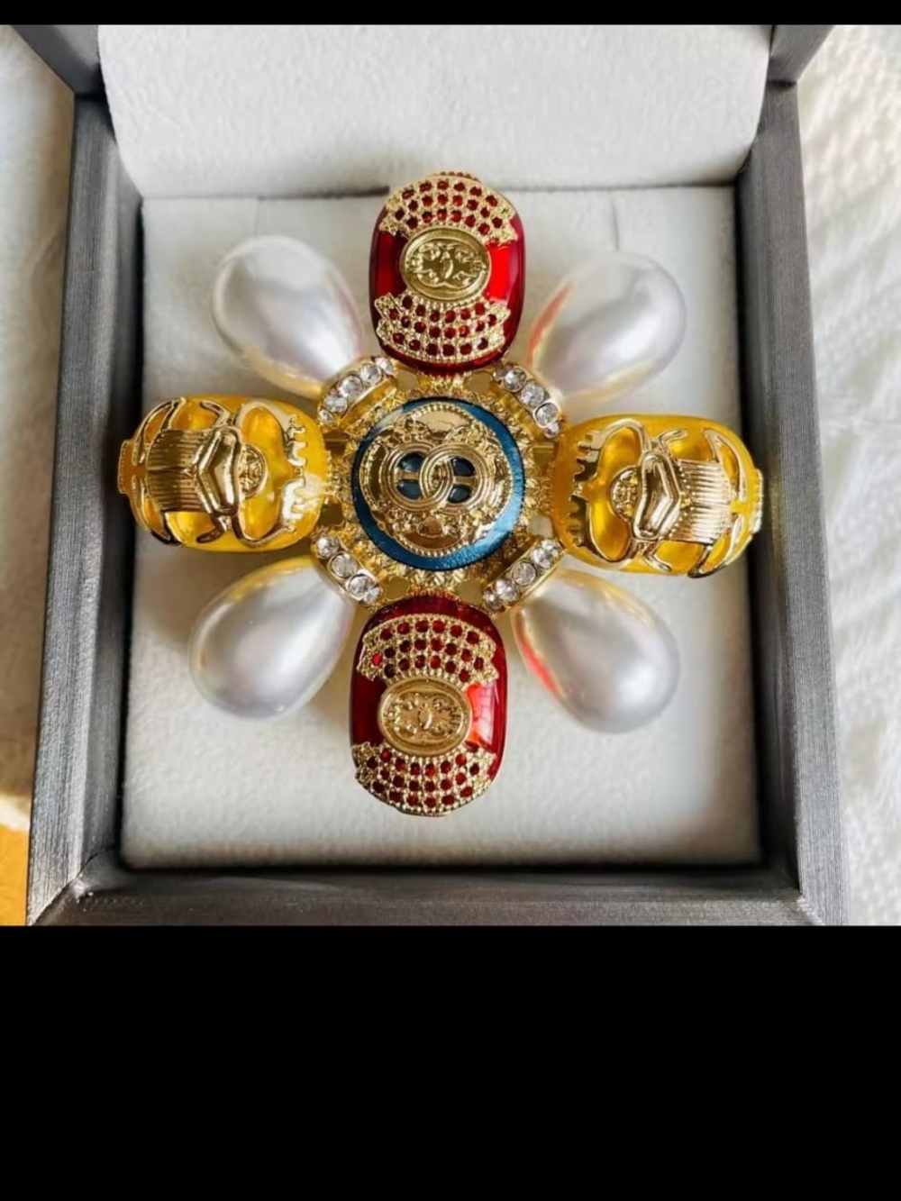 Gold-Tone Red and Pearl Statement Brooch